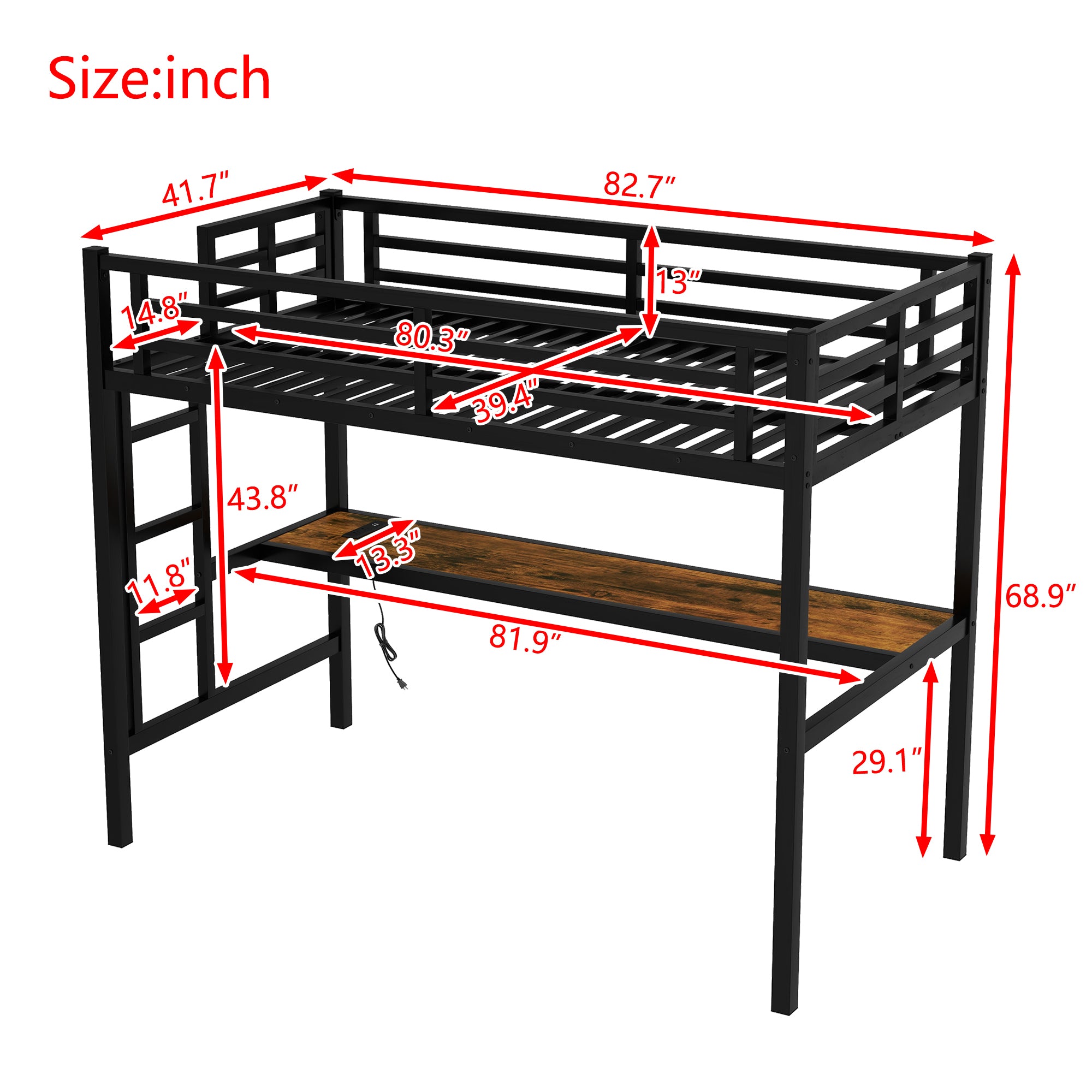 Metal Twin XL Size Loft Bed with Power Outlet and LED Lighted, Space Saving, Noise Reduced, Black