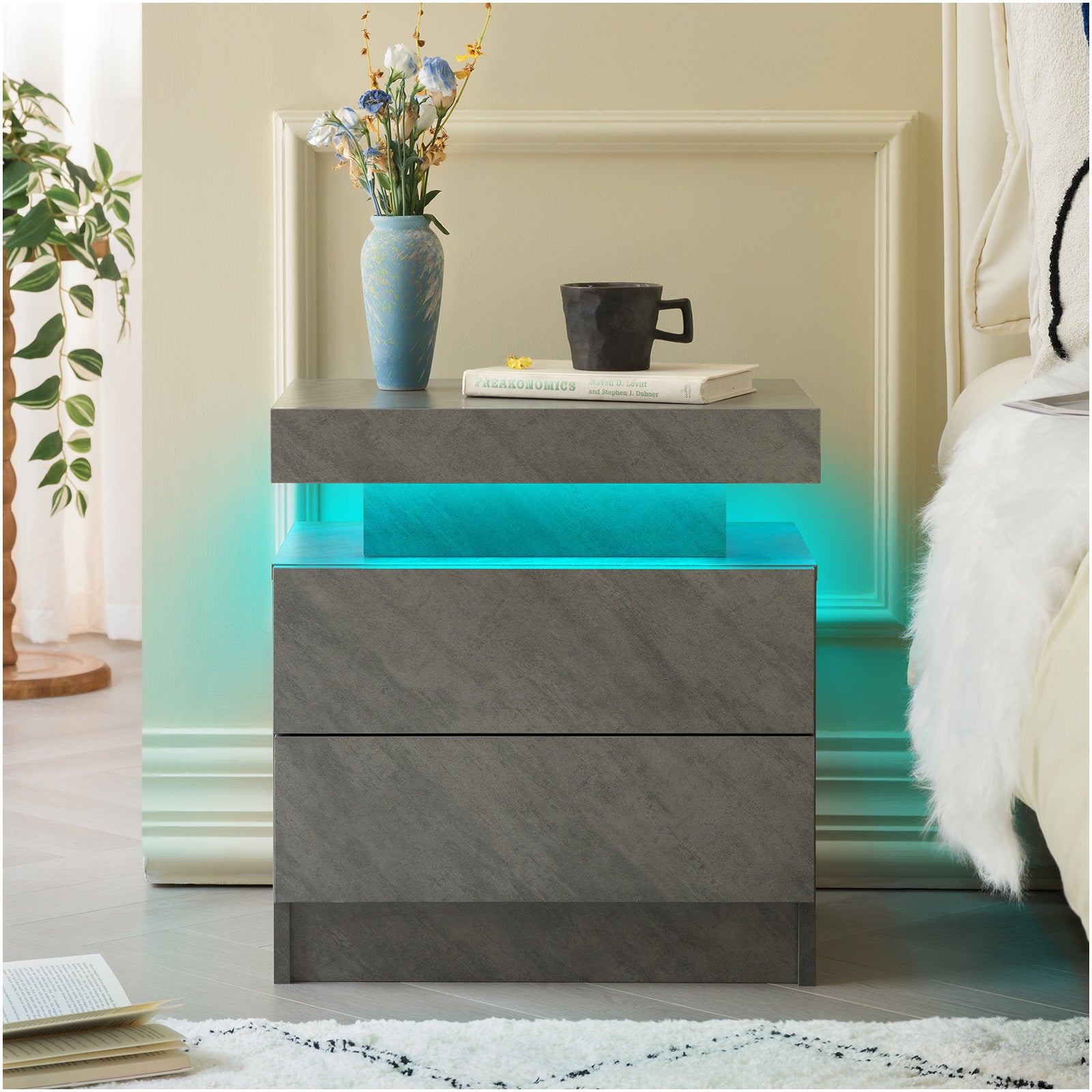 Nightstand LED Bedside Table Cabinet Lights Modern End Side with 2 Drawers for Bedroom Deep Gray