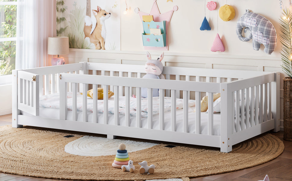 Twin Size Bed Floor Bed with Safety Guardrails and Door for Kids, White
