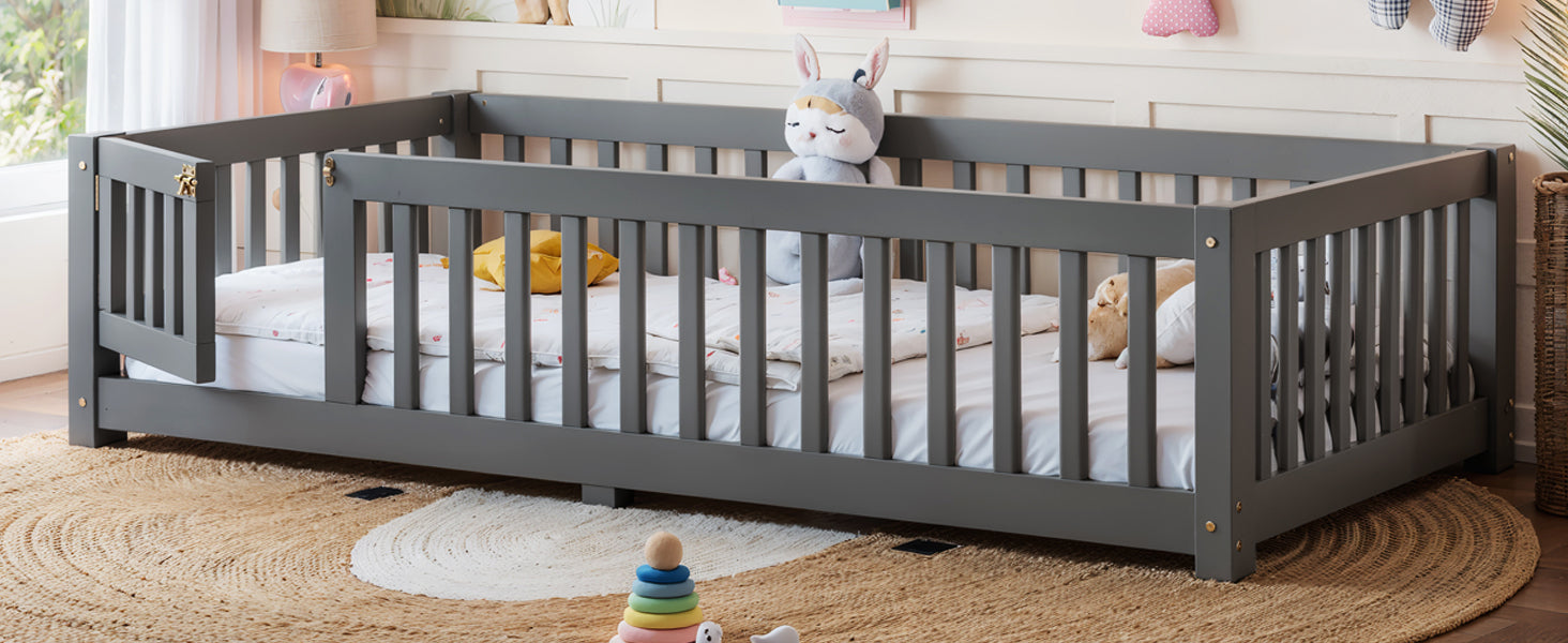 Twin Size Bed Floor Bed with Safety Guardrails and Door for Kids, Gray