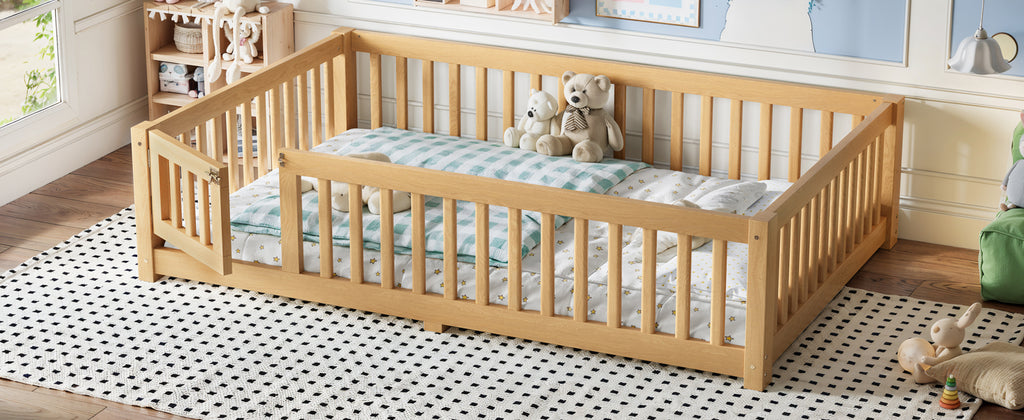 Full Size Bed Floor Bed with Safety Guardrails and Door for Kids, Natural