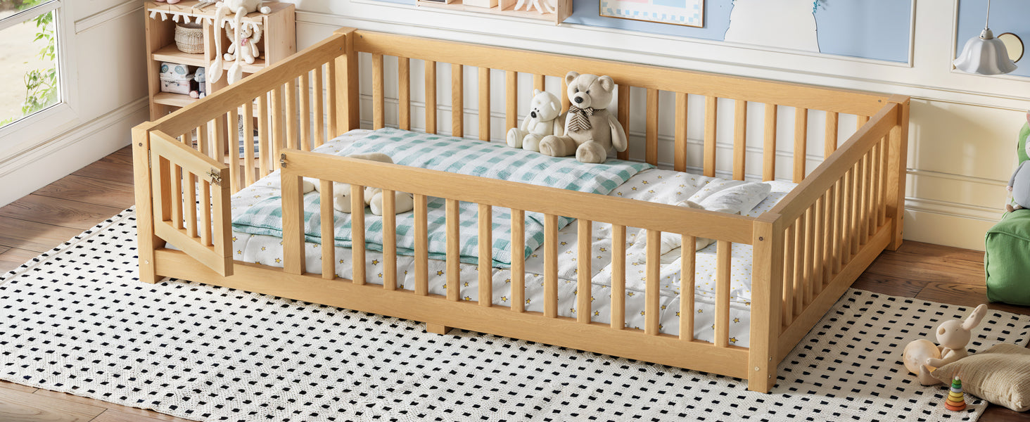 Full Size Bed Floor Bed with Safety Guardrails and Door for Kids, Natural