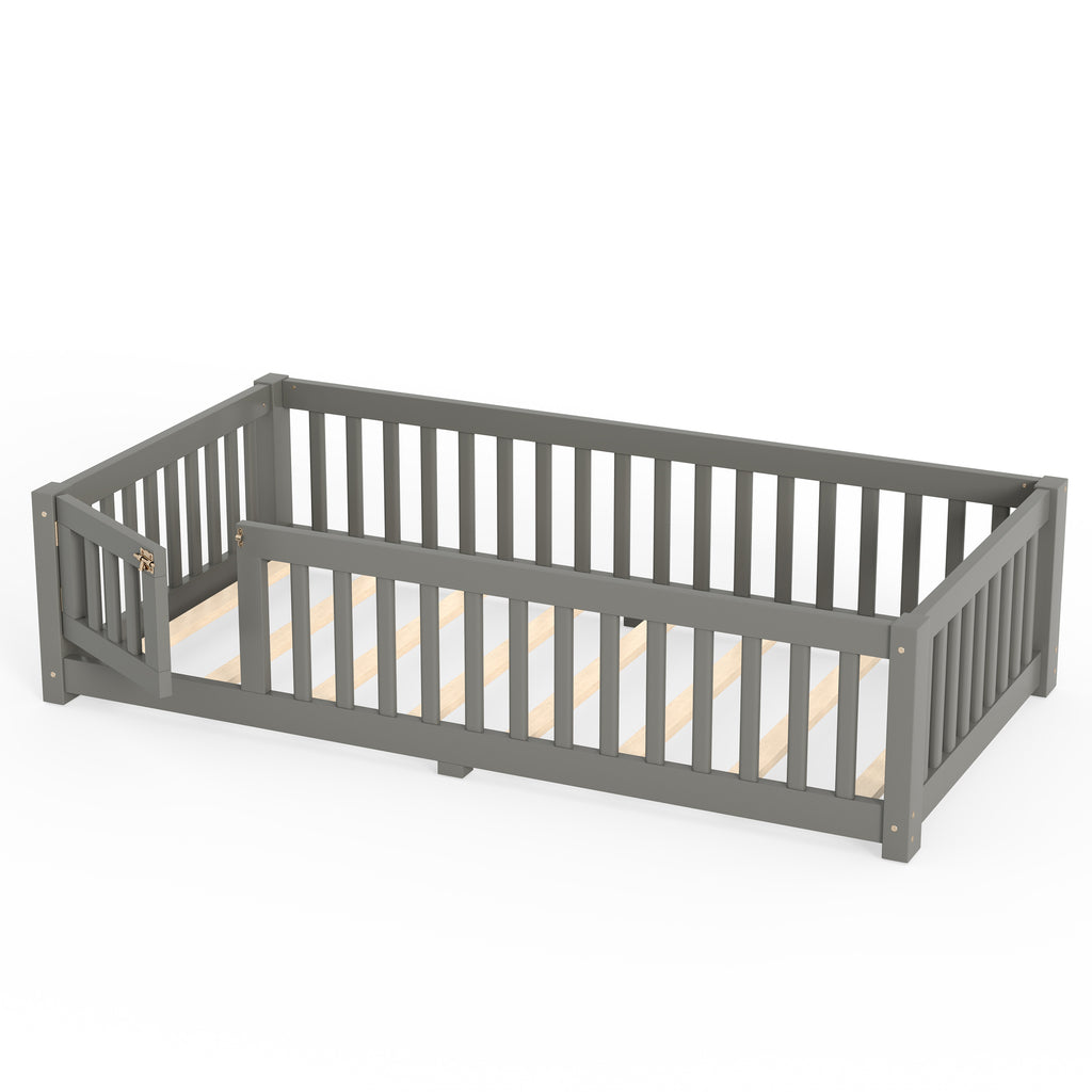 Twin Size Bed Floor Bed with Safety Guardrails and Door for Kids, Gray