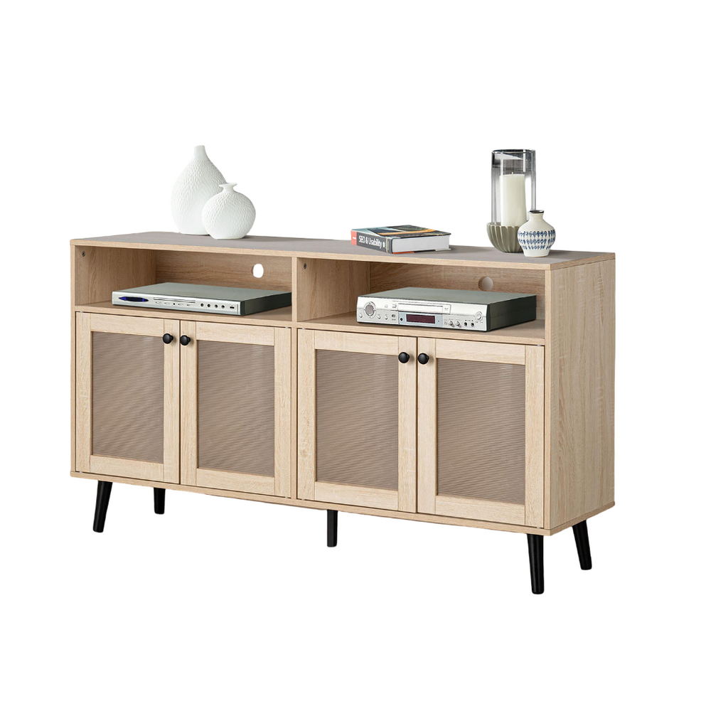 Mid Century Modern TV Stand Tapered Leg Round Knobs Cabinet Doors Natural Finish Primary Living Room