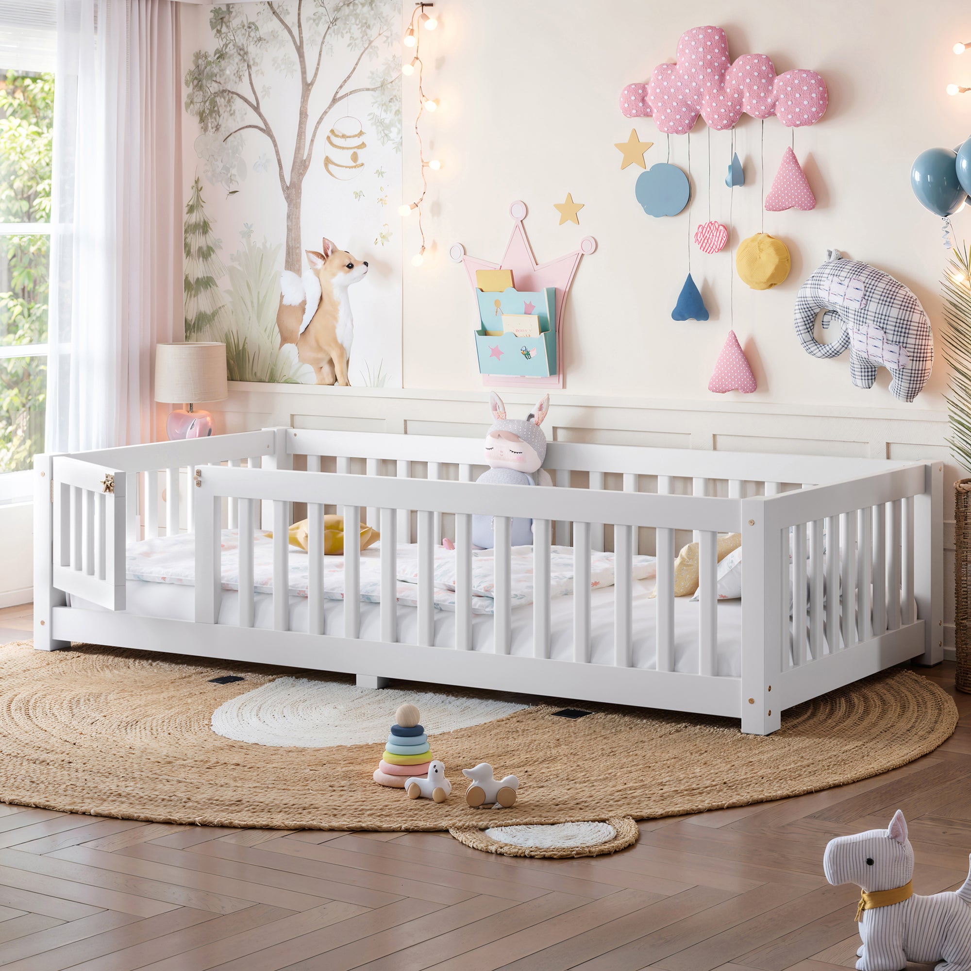 Twin Size Bed Floor Bed with Safety Guardrails and Door for Kids, White