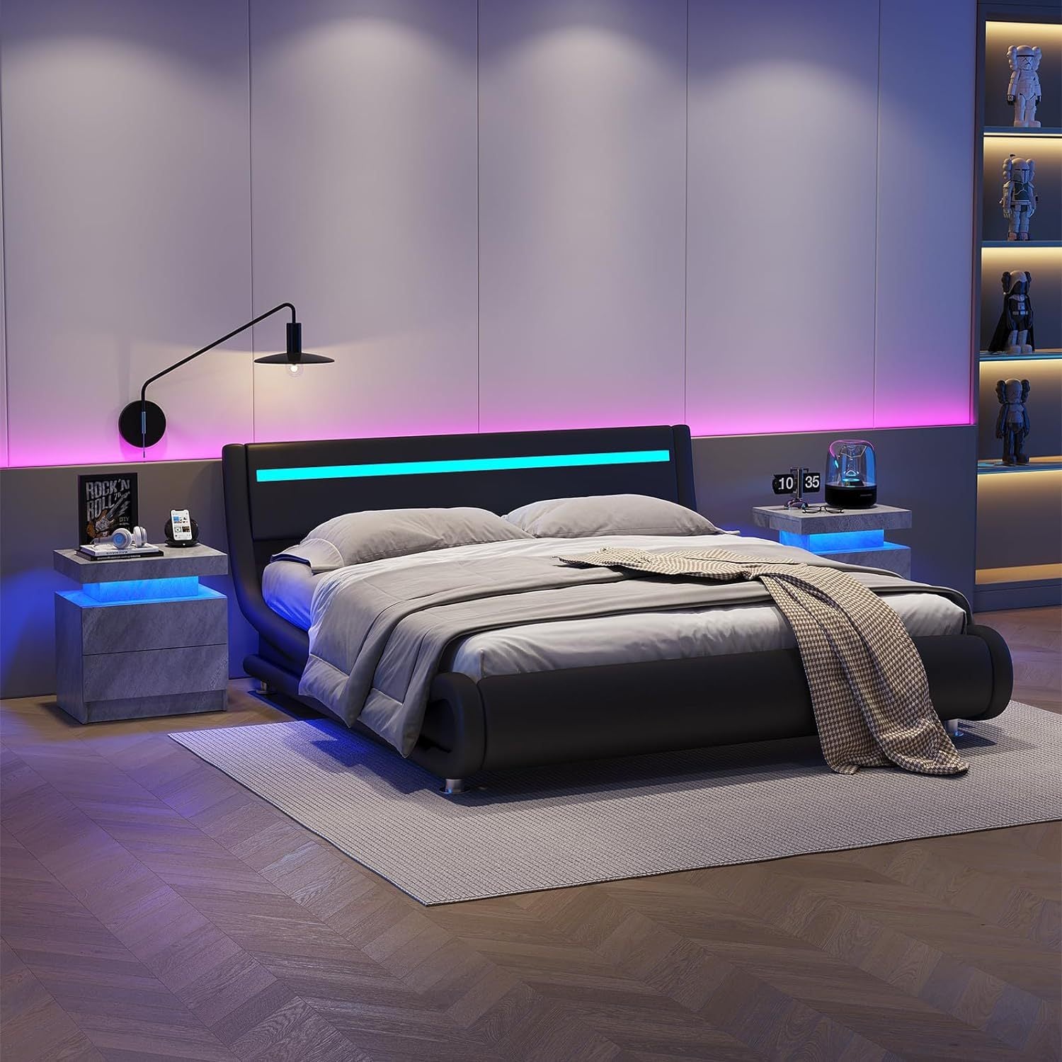 Nightstand LED Bedside Table Cabinet Lights Modern End Side with 2 Drawers for Bedroom Deep Gray