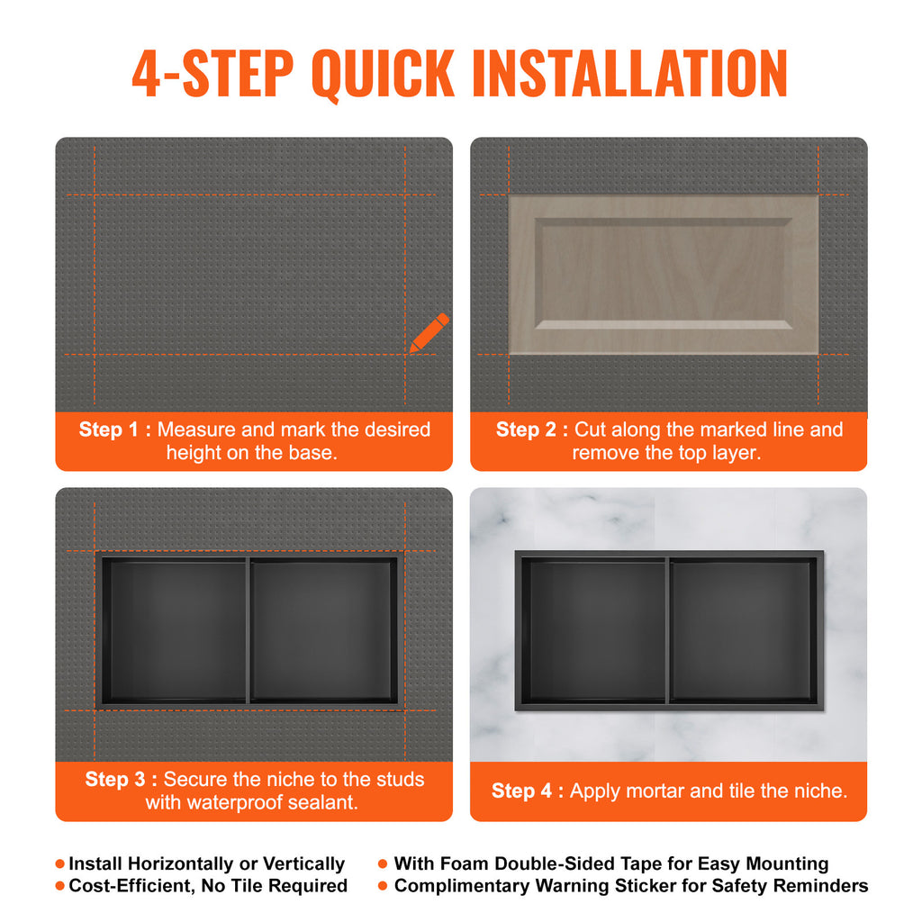 13"x25" No Tile Shower Niche 304 Stainless Steel, Wall Inserted Niche Recessed Double Shelves, Sealed Waterproof Rust Resistant Easy Cleaning Modern Niche for Shower or Soap Storage Bathroom