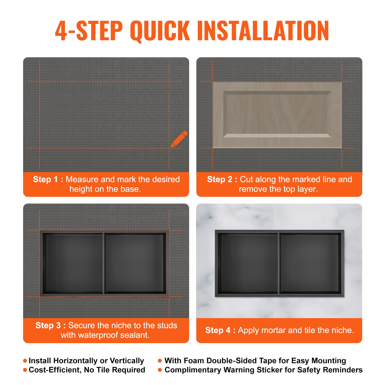 13"x25" No Tile Shower Niche 304 Stainless Steel, Wall Inserted Niche Recessed Double Shelves, Sealed Waterproof Rust Resistant Easy Cleaning Modern Niche for Shower or Soap Storage Bathroom