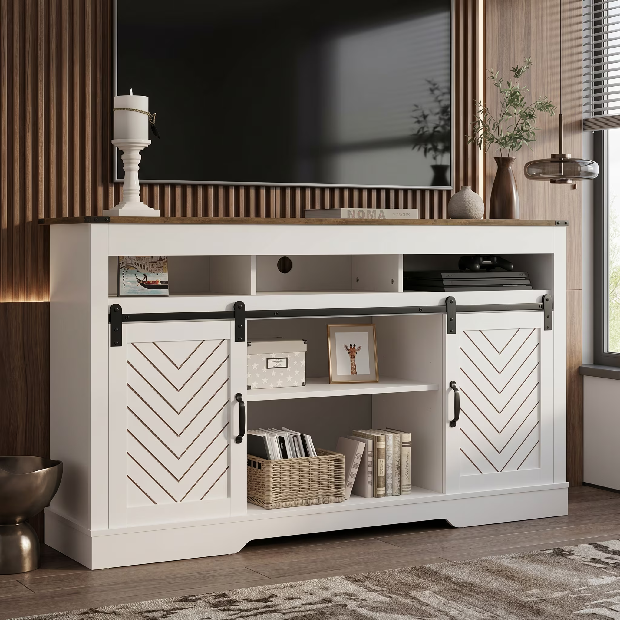 Farmhouse TV Stand for 65 Inch TV, Tall Entertainment Center with Sliding Barn Doors, Rustic Wood Storage Cabinet Television Media Console for Living Room, Bedroom Wood Tone and White