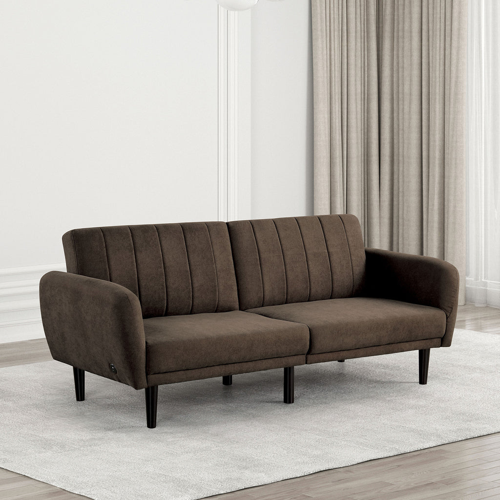 Futon Sofa Brown Color Converts into Bed Tufted Fabric Iron Leg Back Support 1pc Sofa Pocket Coil