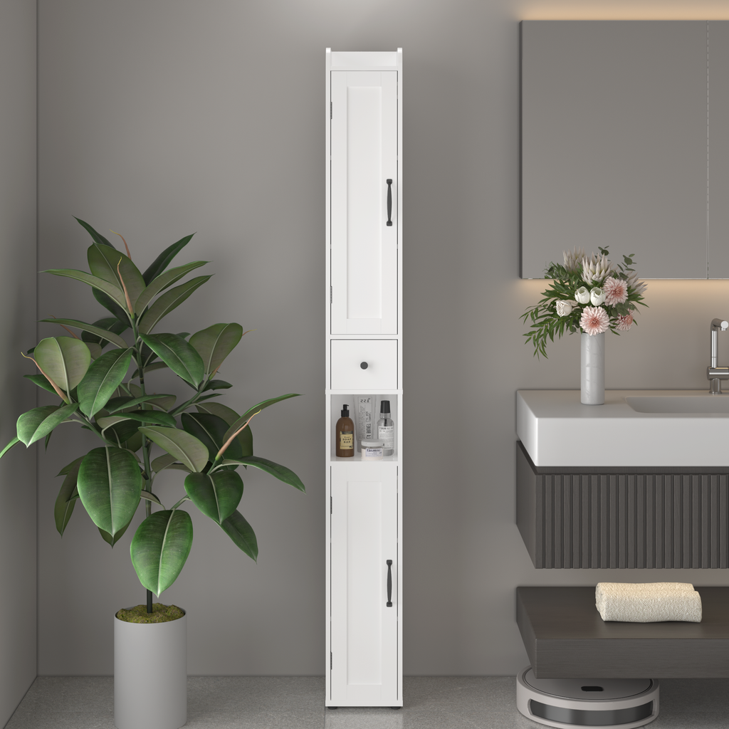 67.51" Tall Bathroom Storage Cabinet with Adjustable Shelves,Slim 2 Doors Freestanding Cabinet with Anti Tip, Open compartments, for Home, Small Spaces, Bathroom,Kitchen, Living Room, White