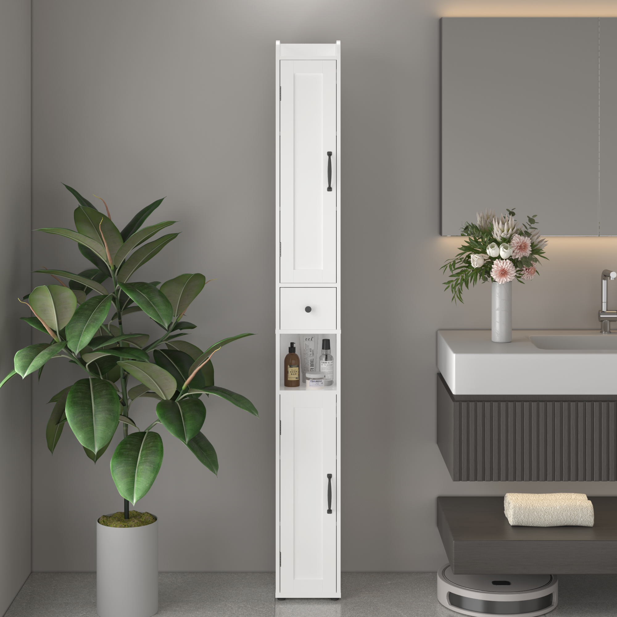67.51" Tall Bathroom Storage Cabinet with Adjustable Shelves,Slim 2 Doors Freestanding Cabinet with Anti Tip, Open compartments, for Home, Small Spaces, Bathroom,Kitchen, Living Room, White