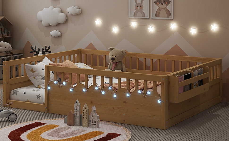 Full Montessori Floor Bed Frame with High Rails, Wood Kids Floor Beds with Light and Storage Shelf, Natural Expect Arrival Date 2025 8 15