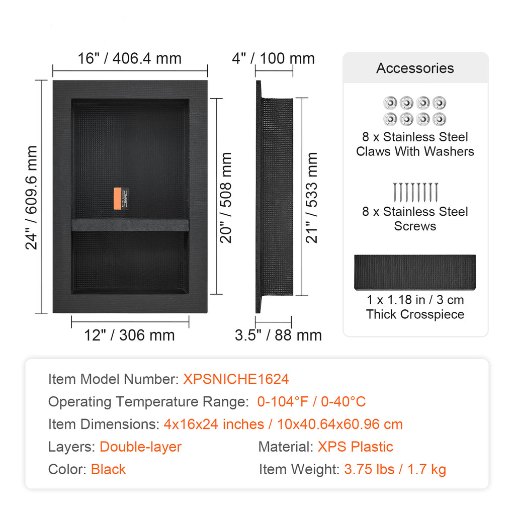 Shower Niche Ready for Tile 16" x 24", Double Shelf Organizer, Square Corners Wall inserted Niche Recessed, Sealed Protection Modern Soap Storage Niche for Shower Bathroom, Black