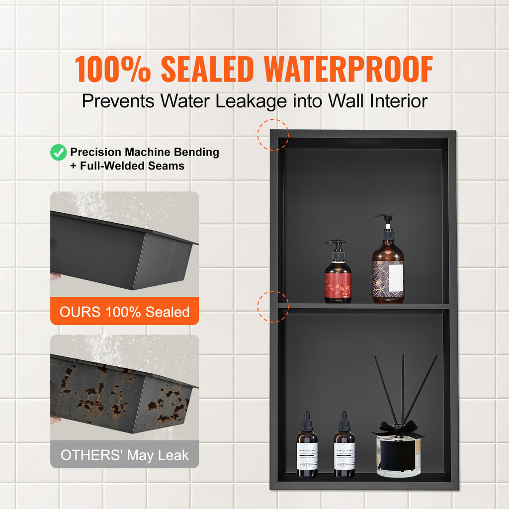 13"x25" No Tile Shower Niche 304 Stainless Steel, Wall Inserted Niche Recessed Double Shelves, Sealed Waterproof Rust Resistant Easy Cleaning Modern Niche for Shower or Soap Storage Bathroom