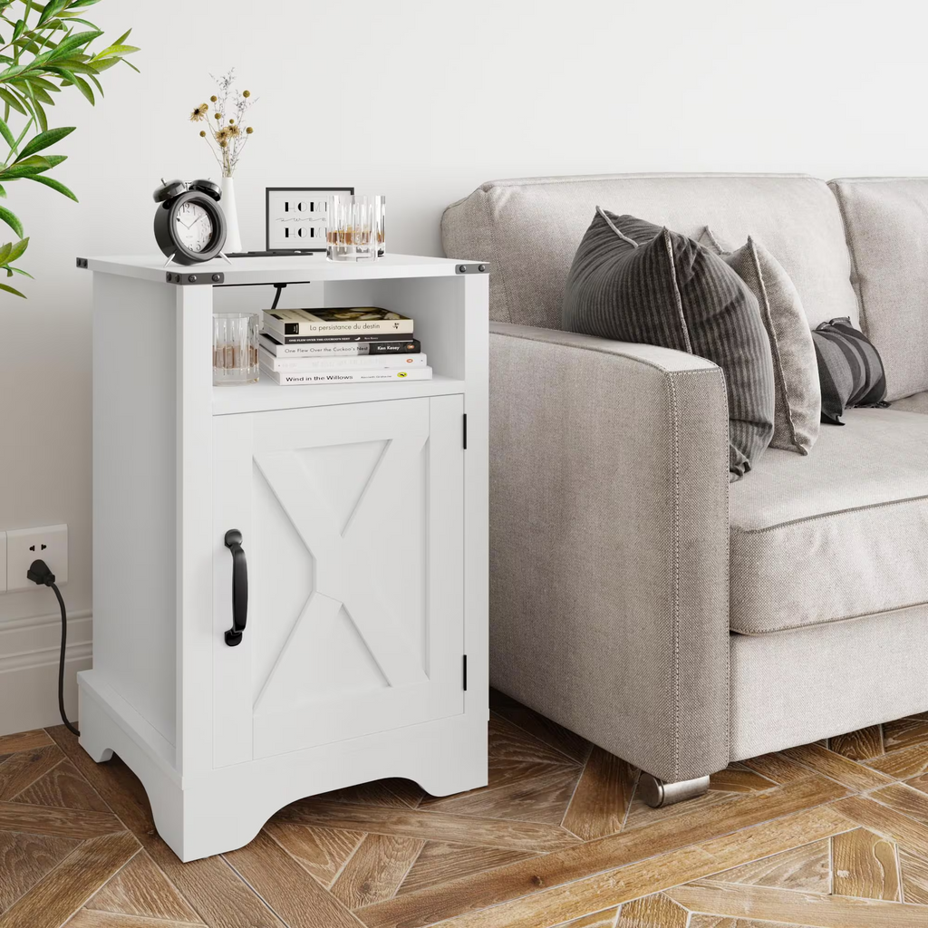 Farmhouse Nightstand with Charging Station Wooden Rustic End Table for Bedroom, Living Room, 16" D x 16" W x 25" H Set of 1 , White