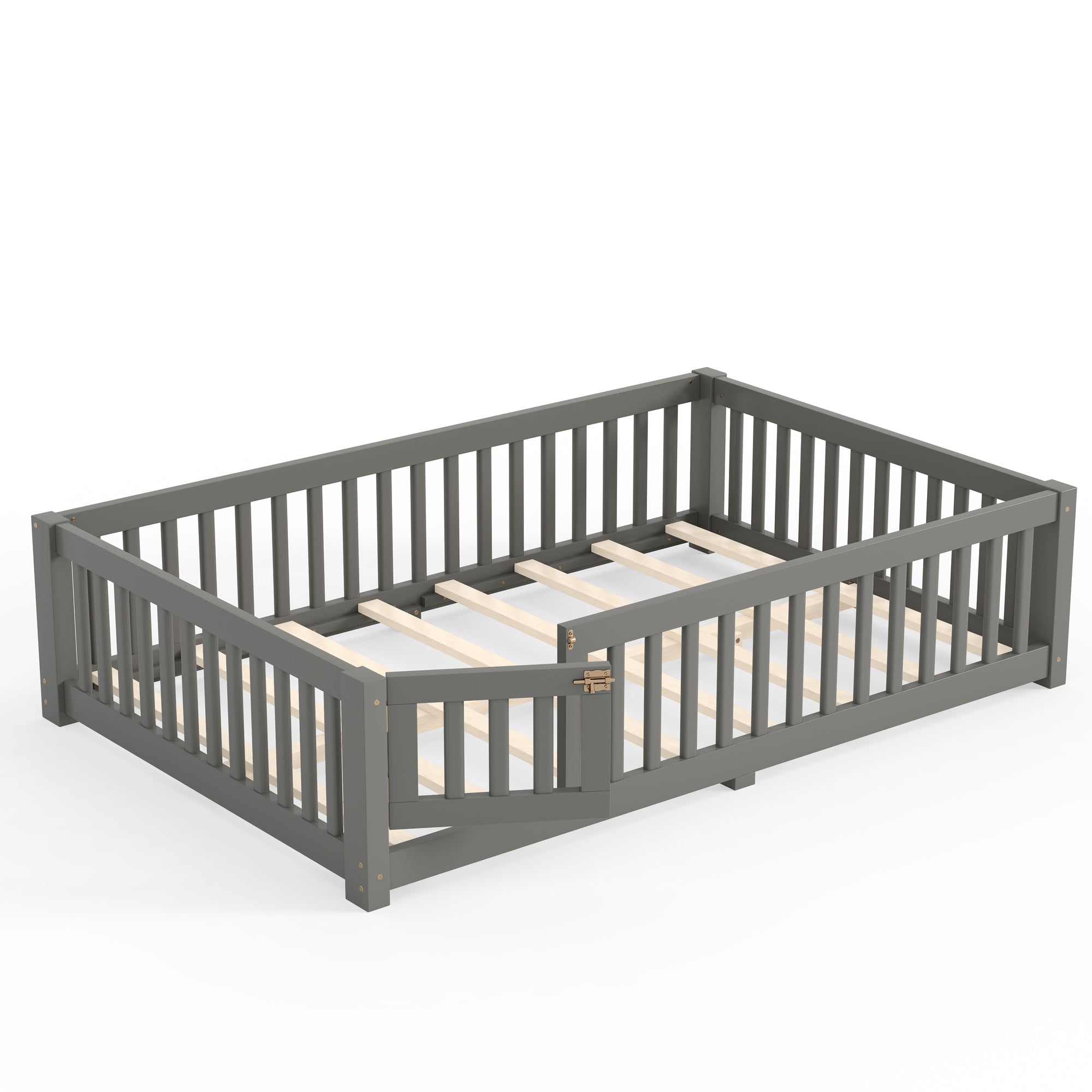Full Size Bed Floor Bed with Safety Guardrails and Door for Kids, Gray