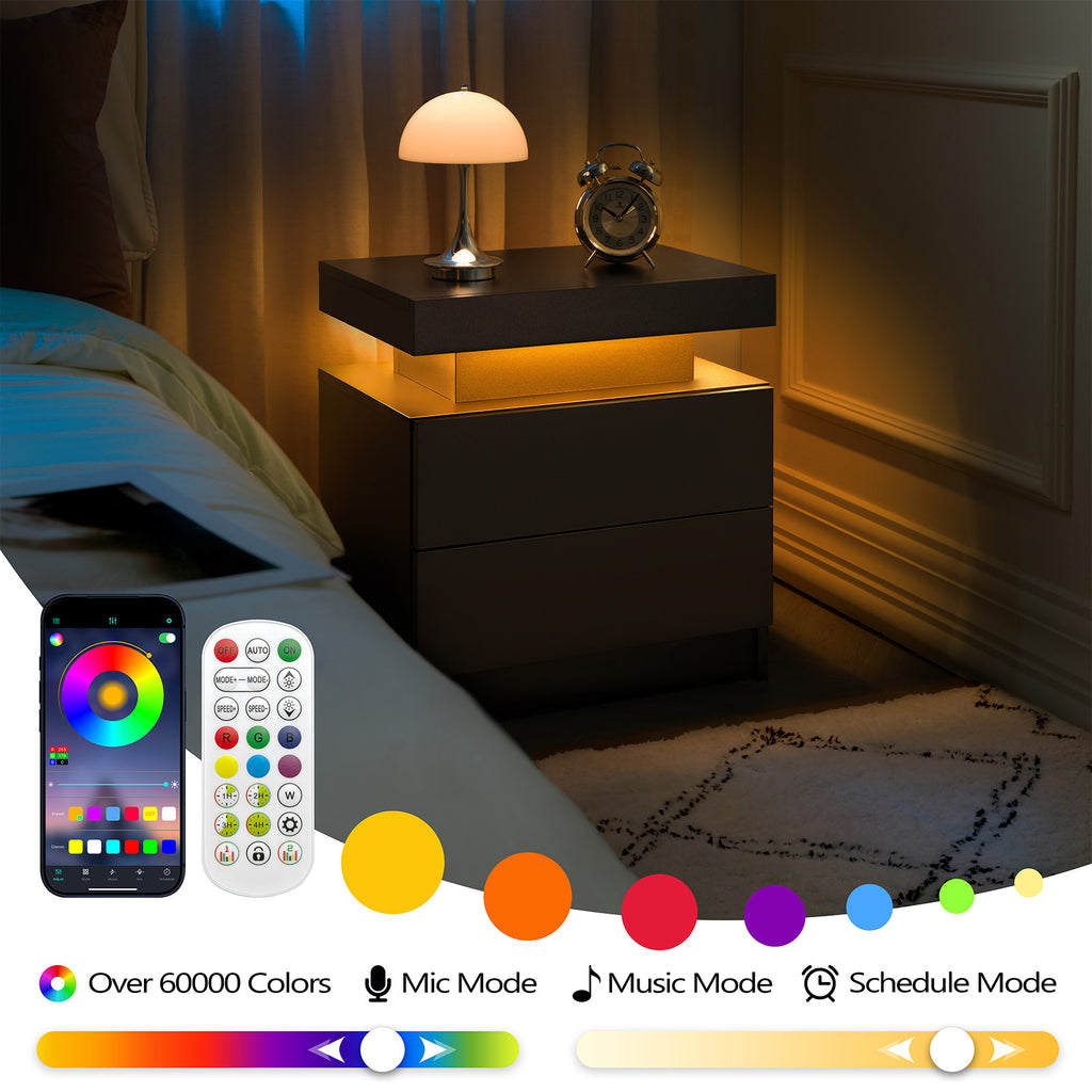 LED Nightstands Set of 2, Bedside Table Cabinet Lights Modern End Side with 2 Drawers for Bedroom Black