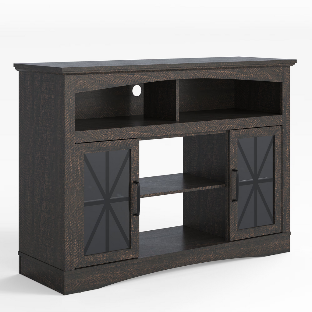 47'' Farmhouse TV Stand with Adjustable Shelves, Retro TV Console with Glass Doors & LED Lights, Media Entertainment Center Storage Cabinet for Living Room, Bedroom, Kitchen, Brown