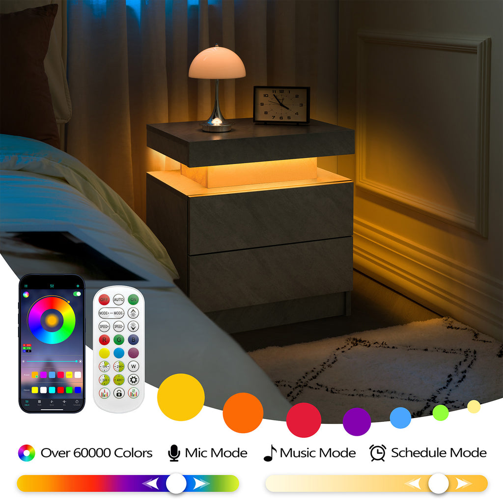 Nightstand LED Bedside Table Cabinet Lights Modern End Side with 2 Drawers for Bedroom Deep Gray