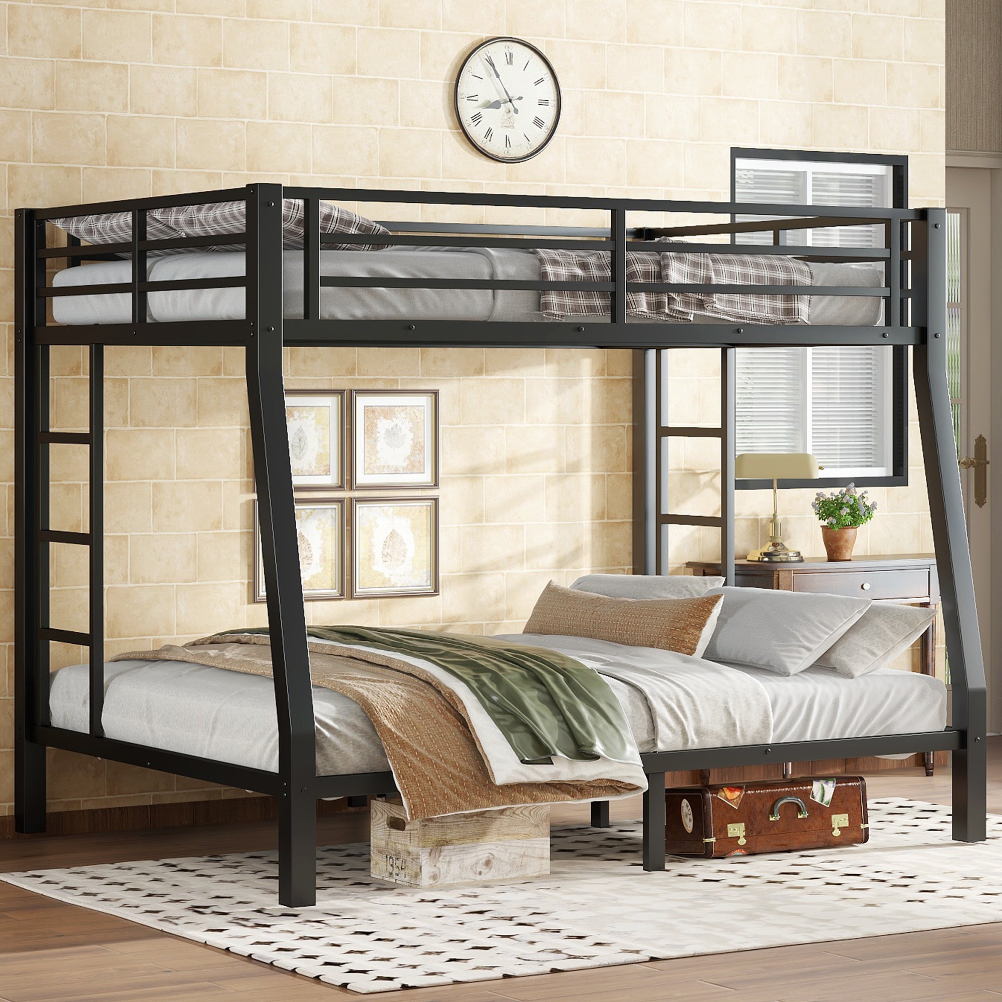 Metal Full XL over Queen Bunk Bed for Teens and Adults,Space Saving Noise Reduced No Box Spring Needed,Black
