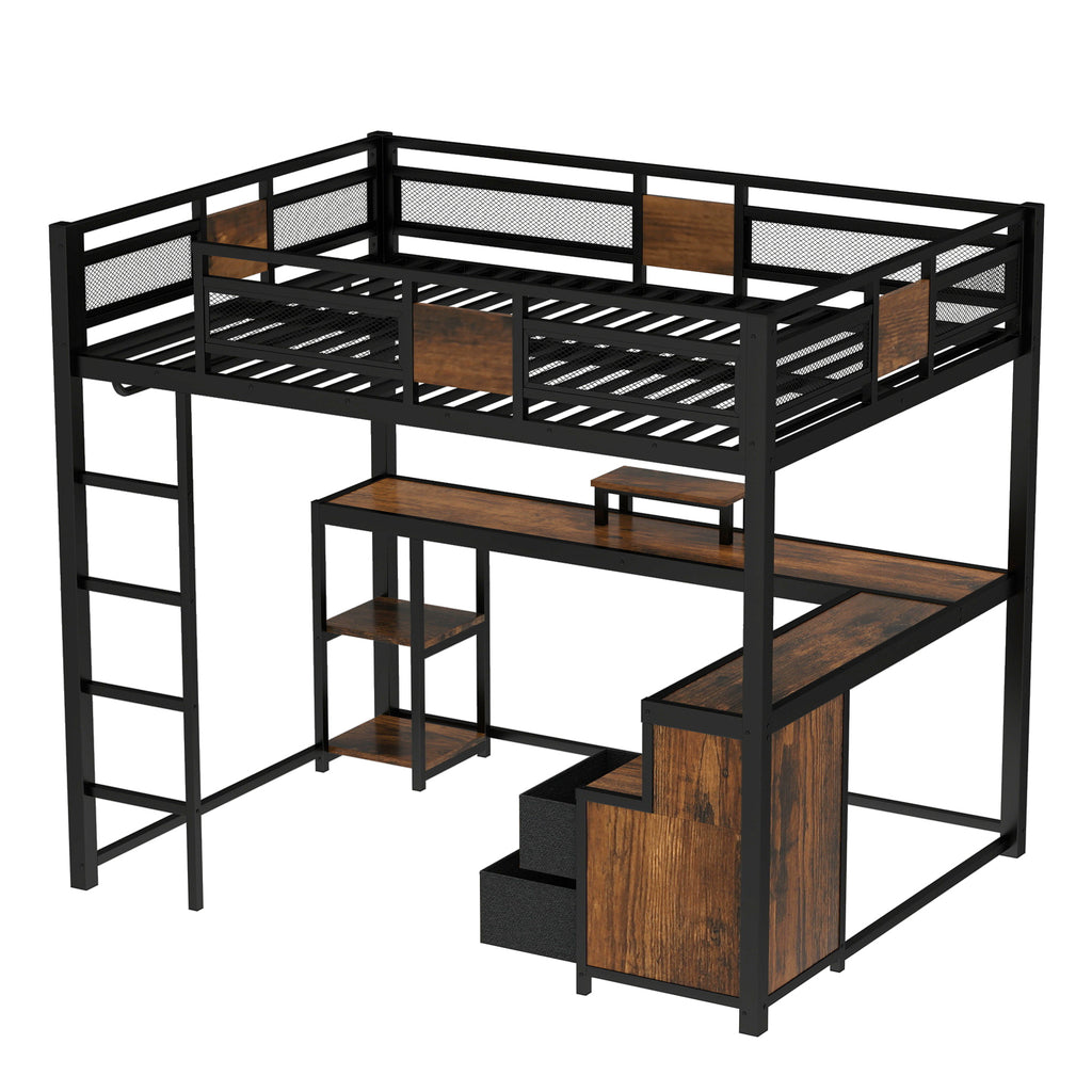 Queen Loft Bed with Desk and Storage Non woven Fabric Drawers, Metal Loft Bed Frame with Ladders, Nosie free and No Spring Box Needed, Black