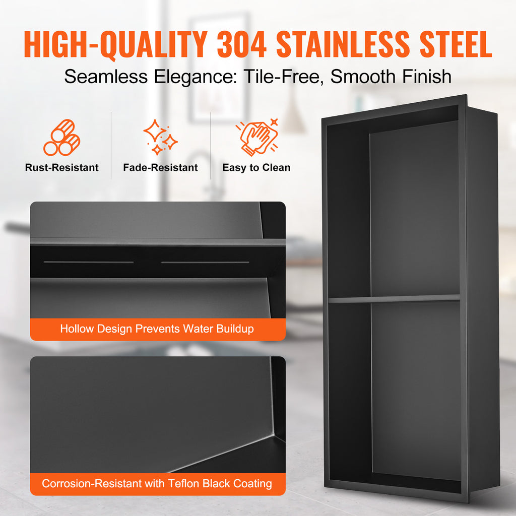 13"x25" No Tile Shower Niche 304 Stainless Steel, Wall Inserted Niche Recessed Double Shelves, Sealed Waterproof Rust Resistant Easy Cleaning Modern Niche for Shower or Soap Storage Bathroom