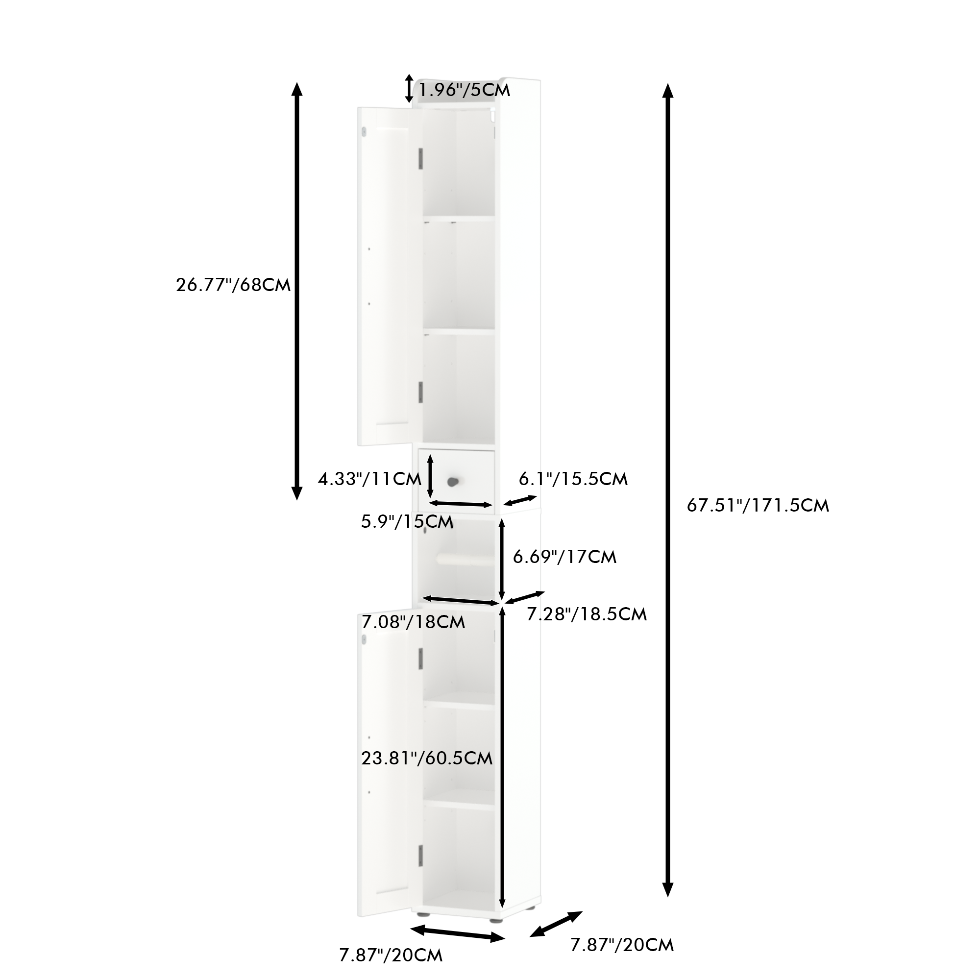 67.51" Tall Bathroom Storage Cabinet with Adjustable Shelves,Slim 2 Doors Freestanding Cabinet with Anti Tip, Open compartments, for Home, Small Spaces, Bathroom,Kitchen, Living Room, White
