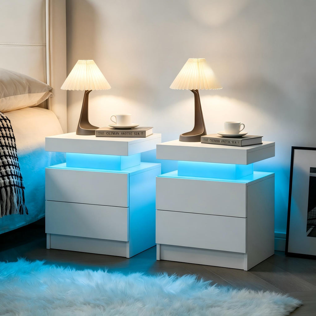 LED Nightstands Set of 2, Bedside Table Cabinet Lights Modern End Side with 2 Drawers for Bedroom White