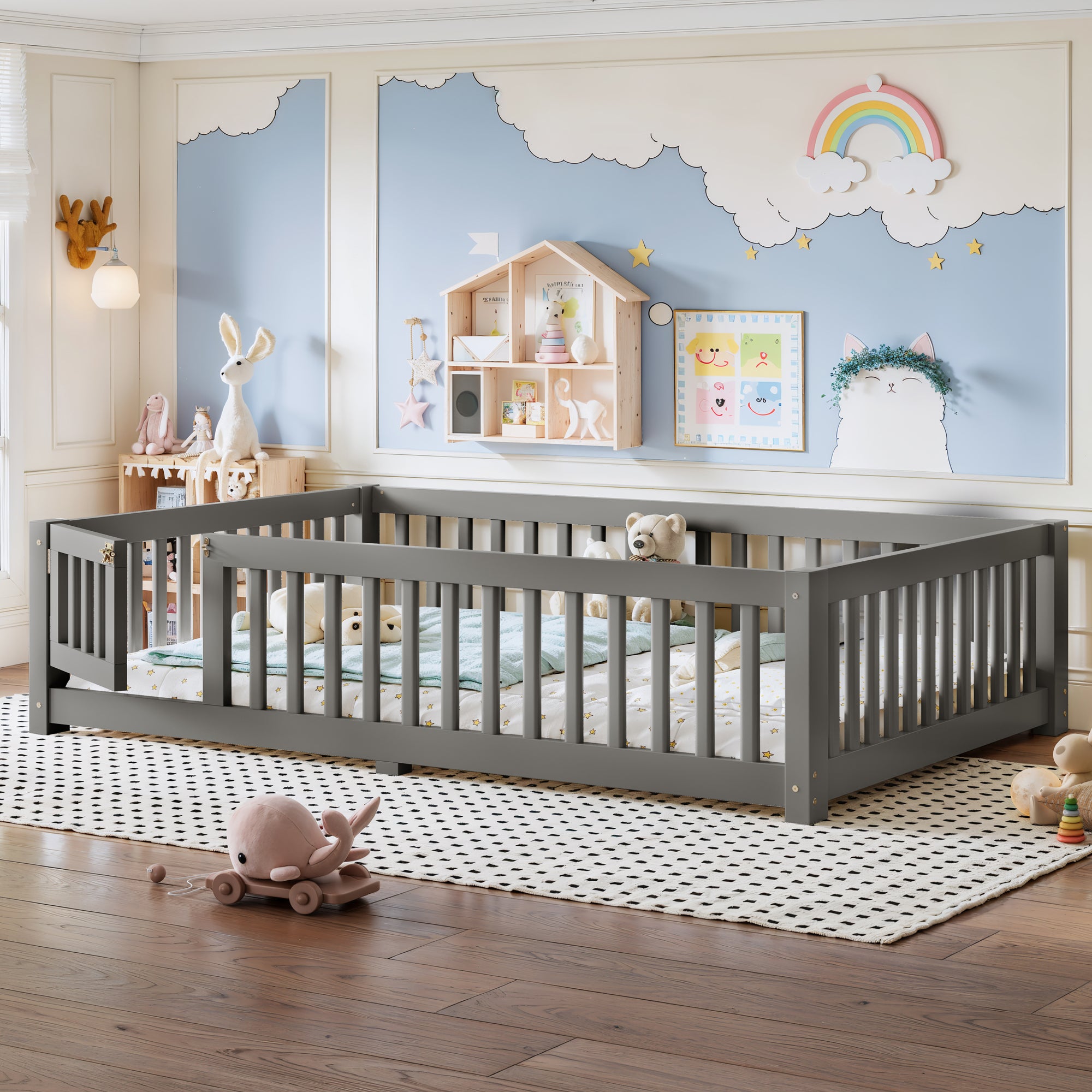 Full Size Bed Floor Bed with Safety Guardrails and Door for Kids, Gray