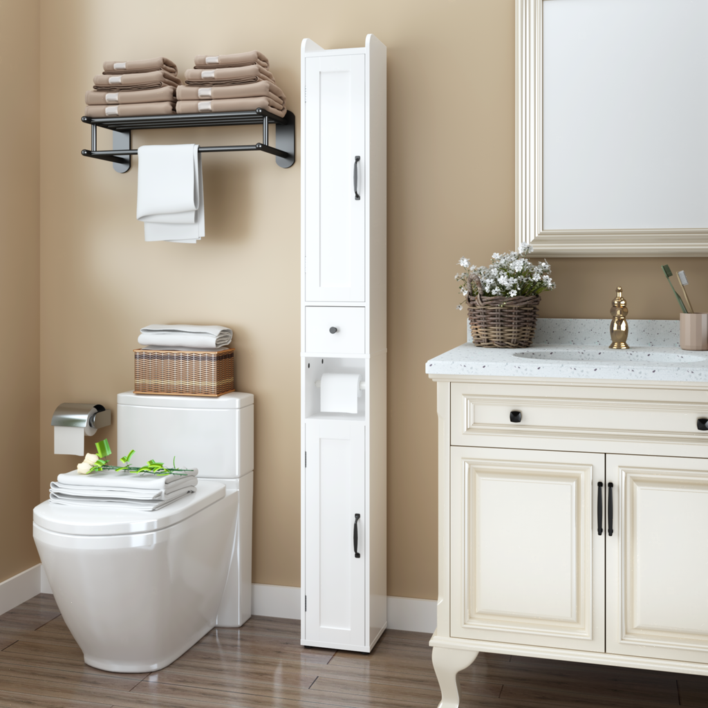 67.51" Tall Bathroom Storage Cabinet with Adjustable Shelves,Slim 2 Doors Freestanding Cabinet with Anti Tip, Open compartments, for Home, Small Spaces, Bathroom,Kitchen, Living Room, White