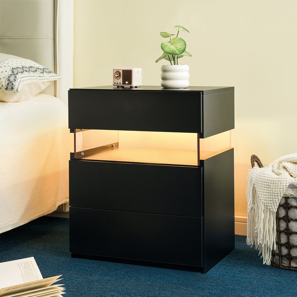 LED Nightstands 3 Drawer Dresser for Bedroom End Table with Acrylic Board LED Bedside Tables Black