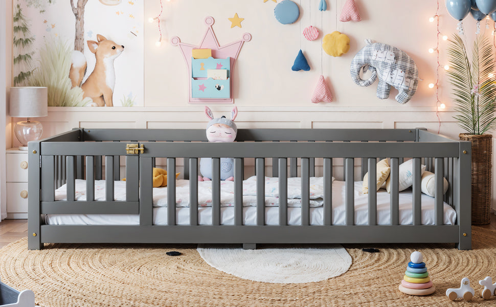 Twin Size Bed Floor Bed with Safety Guardrails and Door for Kids, Gray