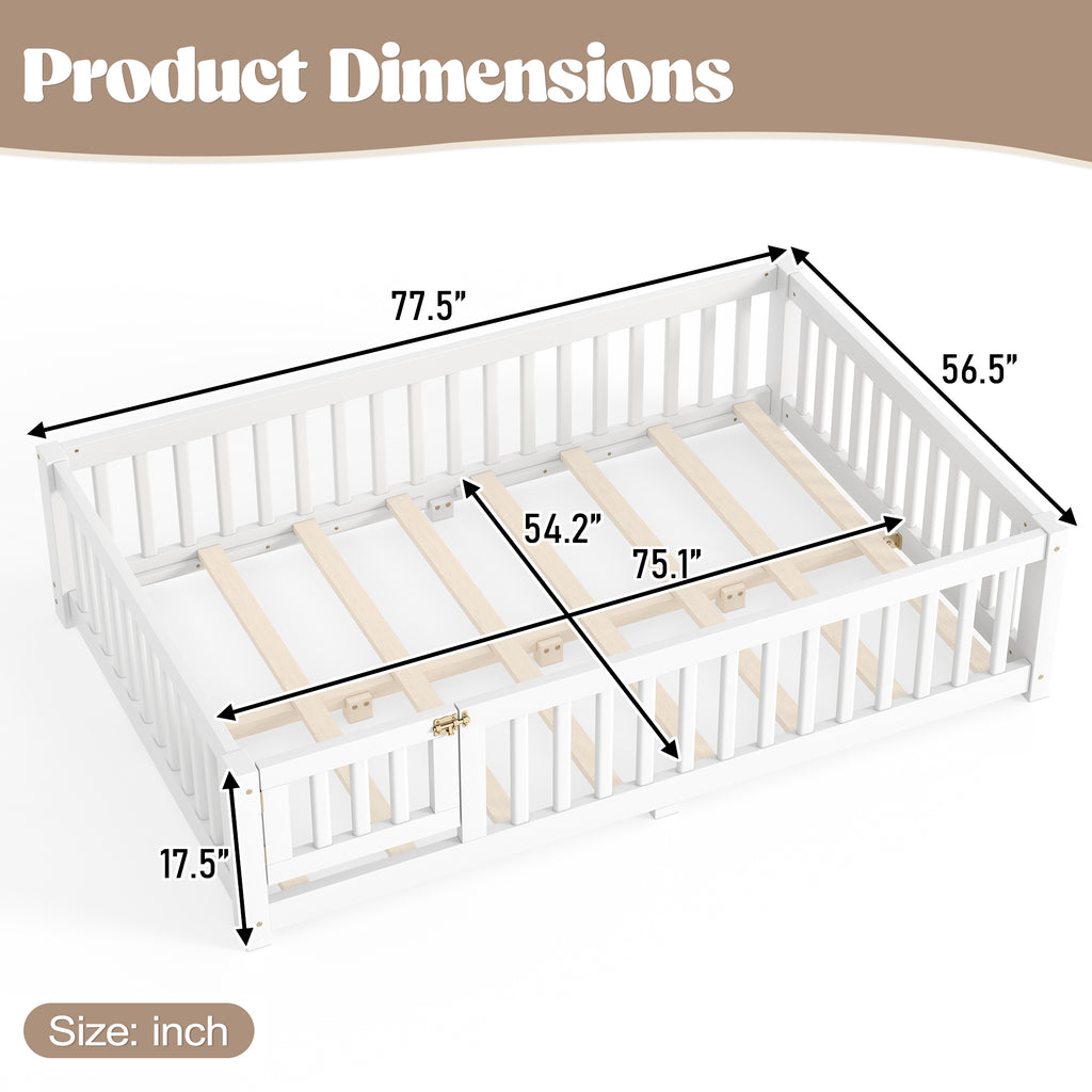 Full Size Bed Floor Bed with Safety Guardrails and Door for Kids, White