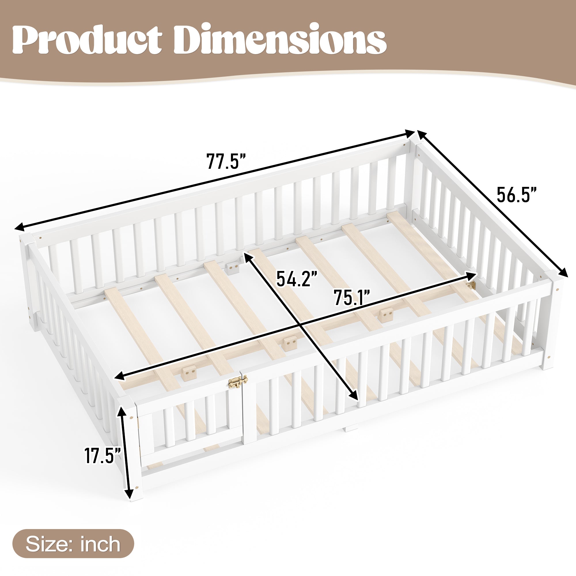 Full Size Bed Floor Bed with Safety Guardrails and Door for Kids, White