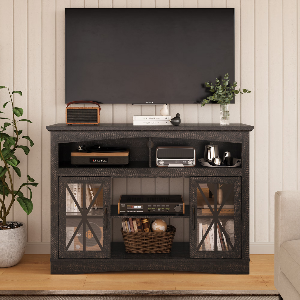 47'' Farmhouse TV Stand with Adjustable Shelves, Retro TV Console with Glass Doors & LED Lights, Media Entertainment Center Storage Cabinet for Living Room, Bedroom, Kitchen, Brown