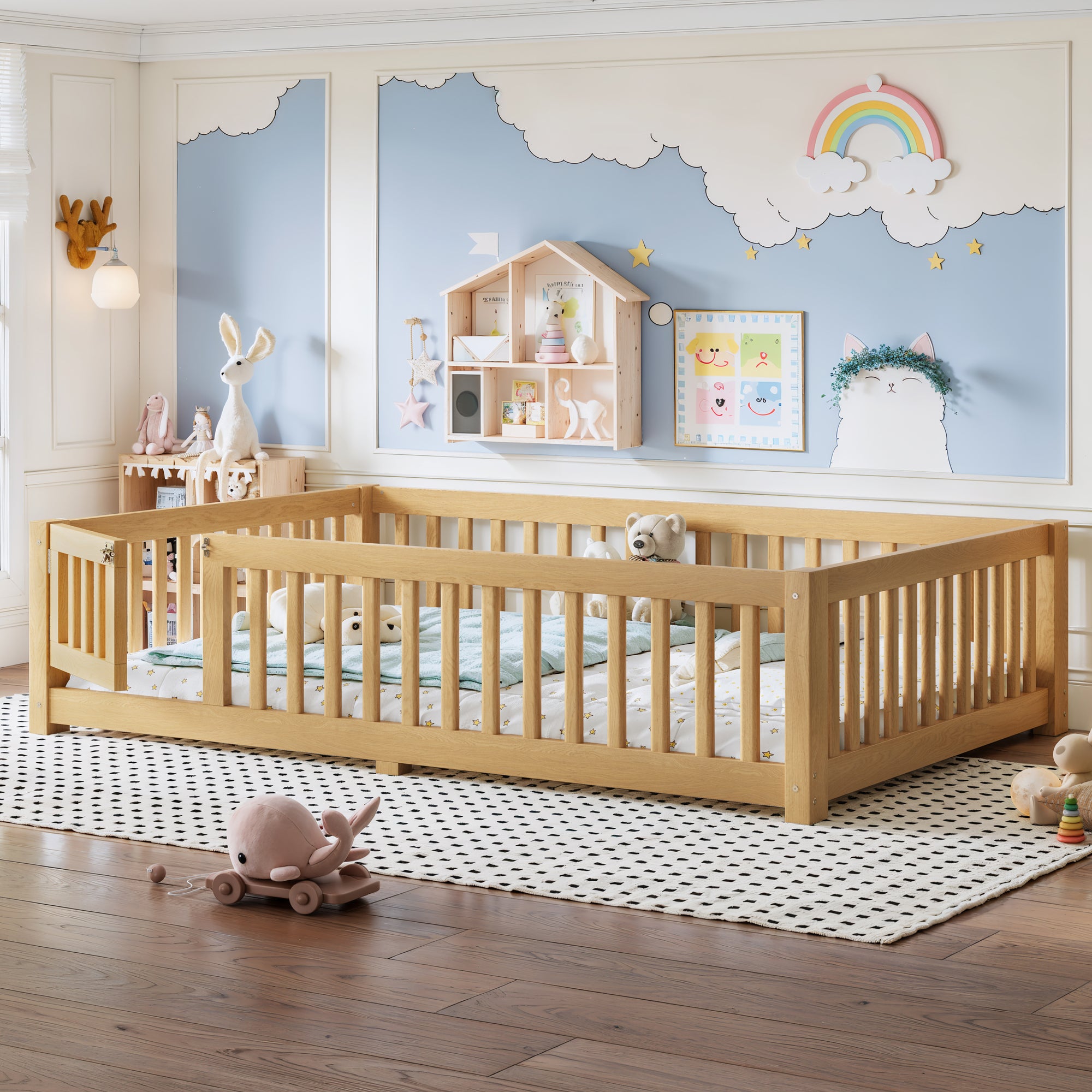 Full Size Bed Floor Bed with Safety Guardrails and Door for Kids, Natural