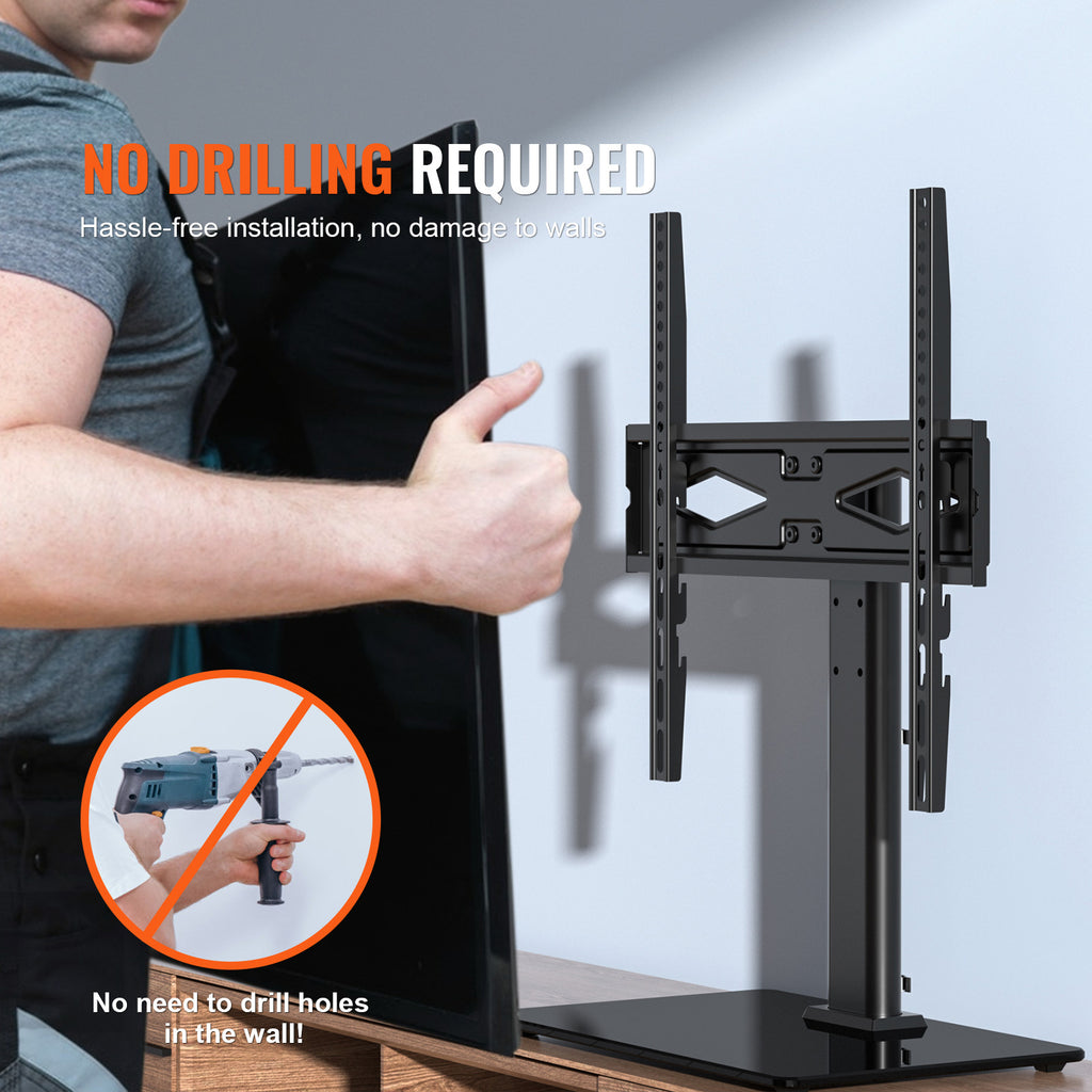 TV Stand Mount, Swivel Universal TV Stand for 32 to 55 inch TVs, Height Adjustable Portable Floor TV Stand with Tempered Glass Base for Bedroom, Living Room