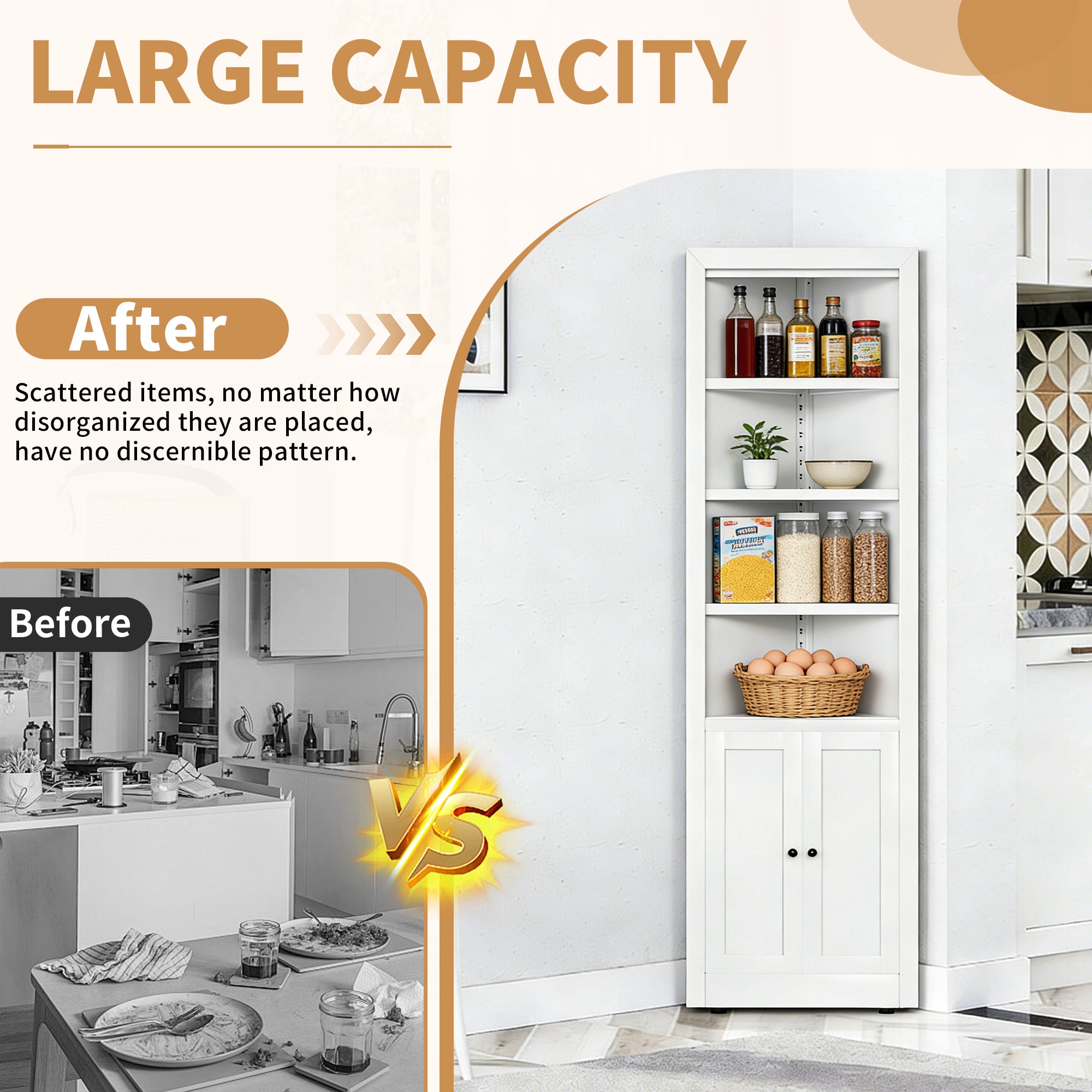 71" Tall Corner Storage Cabinet with 2 Doors, 5 Tier Metal Cabinet with Adjustable Shelves, Freestanding Kitchen Storage for Pantry, Living Room, Bathroom, Laundry Room, Space Saving Furniture, White