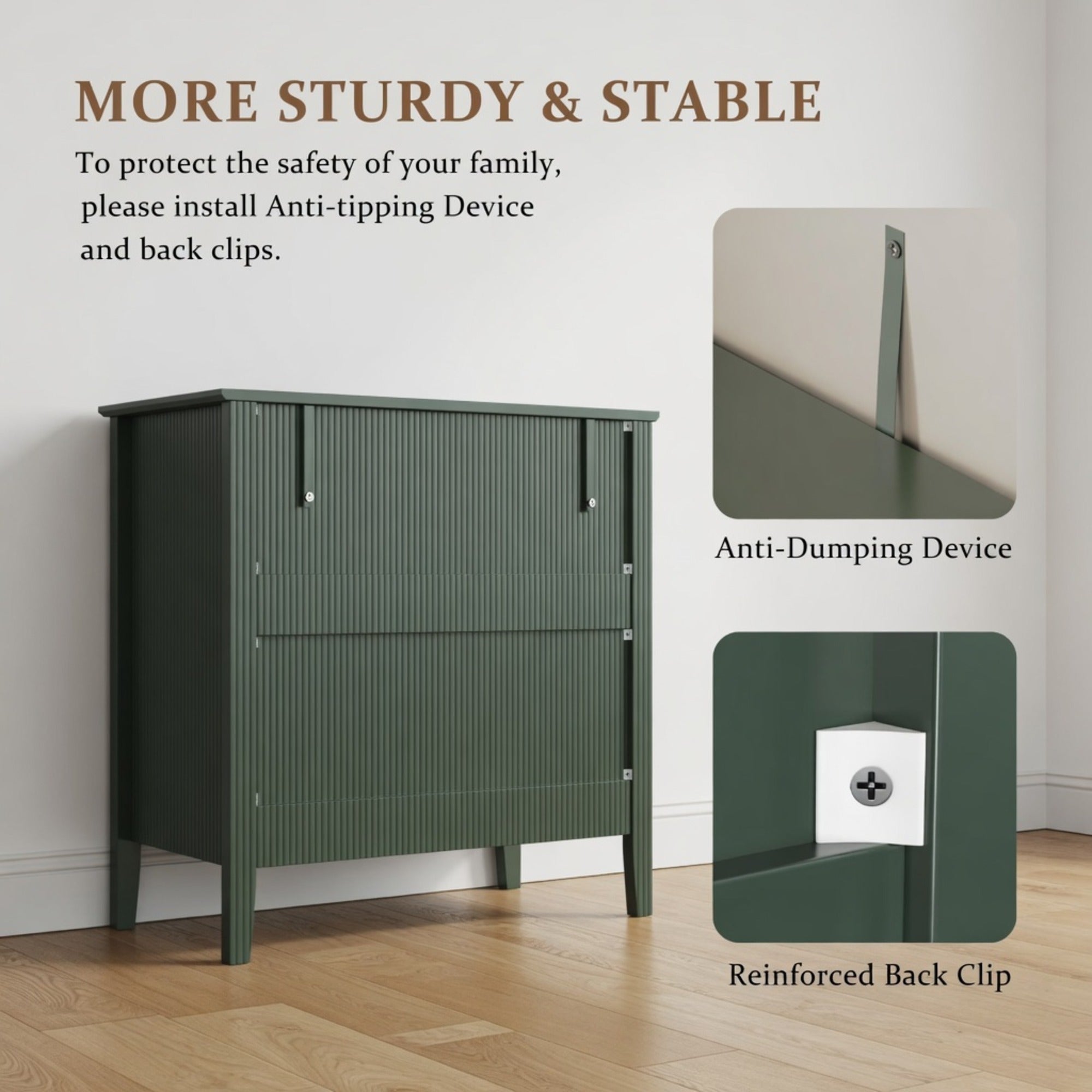 32" Wide Green Fluted 3 Drawer Nightstand, Large Modern Bedroom End Table