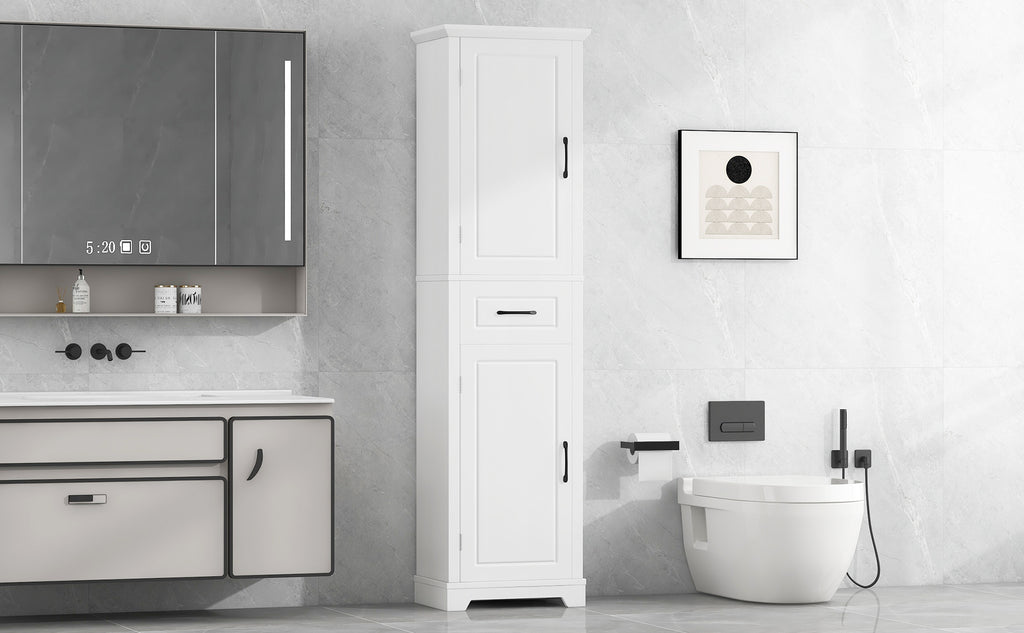 Tall Bathroom Storage Cabinet, Freestanding Storage Cabinet with Two Doors and Adjustable Shelves, Door Shelve Design, MDF Board with Painted Finish, White