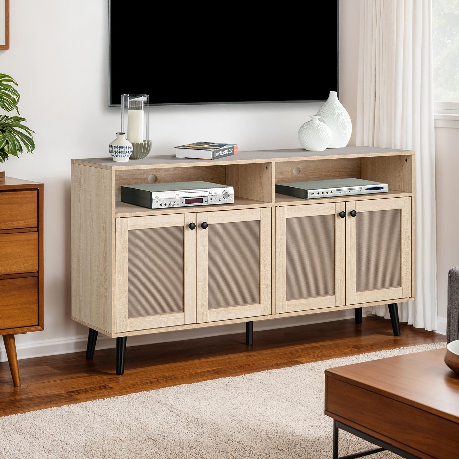 Mid Century Modern TV Stand Tapered Leg Round Knobs Cabinet Doors Natural Finish Primary Living Room
