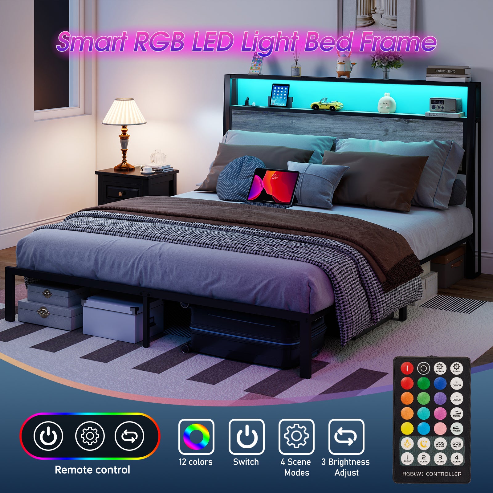 Queen Size Bed Frame with Headboard, RGB LED Light & Charging Station & Under Bed Storage Space, Easy Assembly Rustic Grey