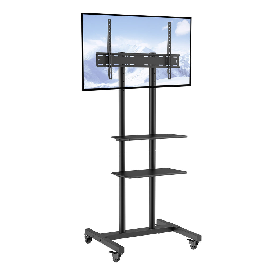 Mobile TV Stand, Mobile TV Cart for 32 to 70 inch TVs, Height Adjustable Portable TV Stand with Wheels, Double Tray for Audio Visual Devices, Rolling TV Stand with Mount for Bedroom, Living Room