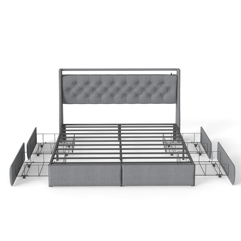 Queen Metal Platform Bed Frame Grey, Storage Headboard with RGB LED & Charging Station