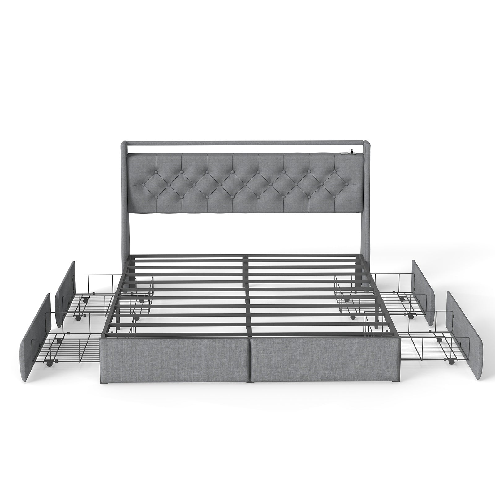 Queen Metal Platform Bed Frame Grey, Storage Headboard with RGB LED & Charging Station
