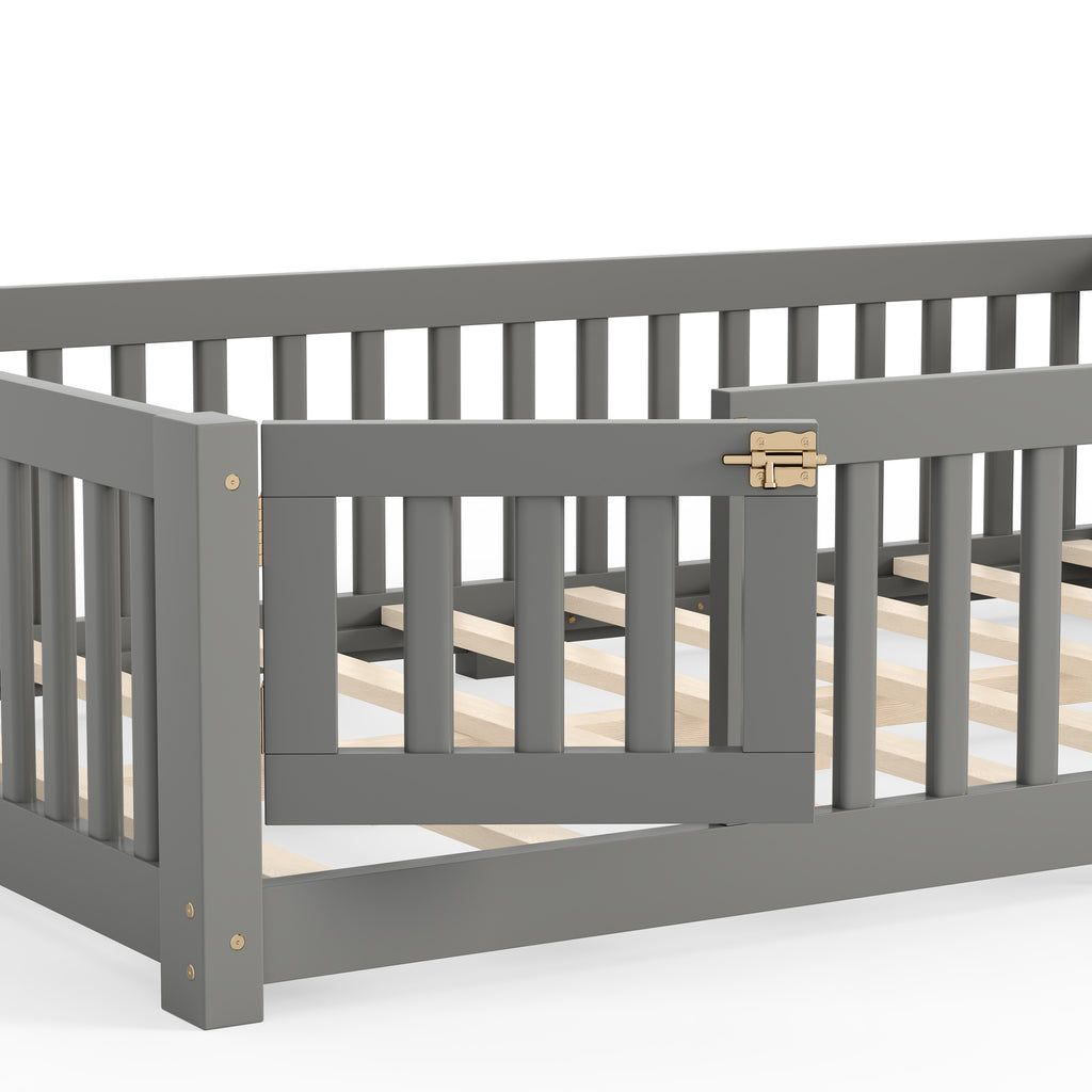 Full Size Bed Floor Bed with Safety Guardrails and Door for Kids, Gray