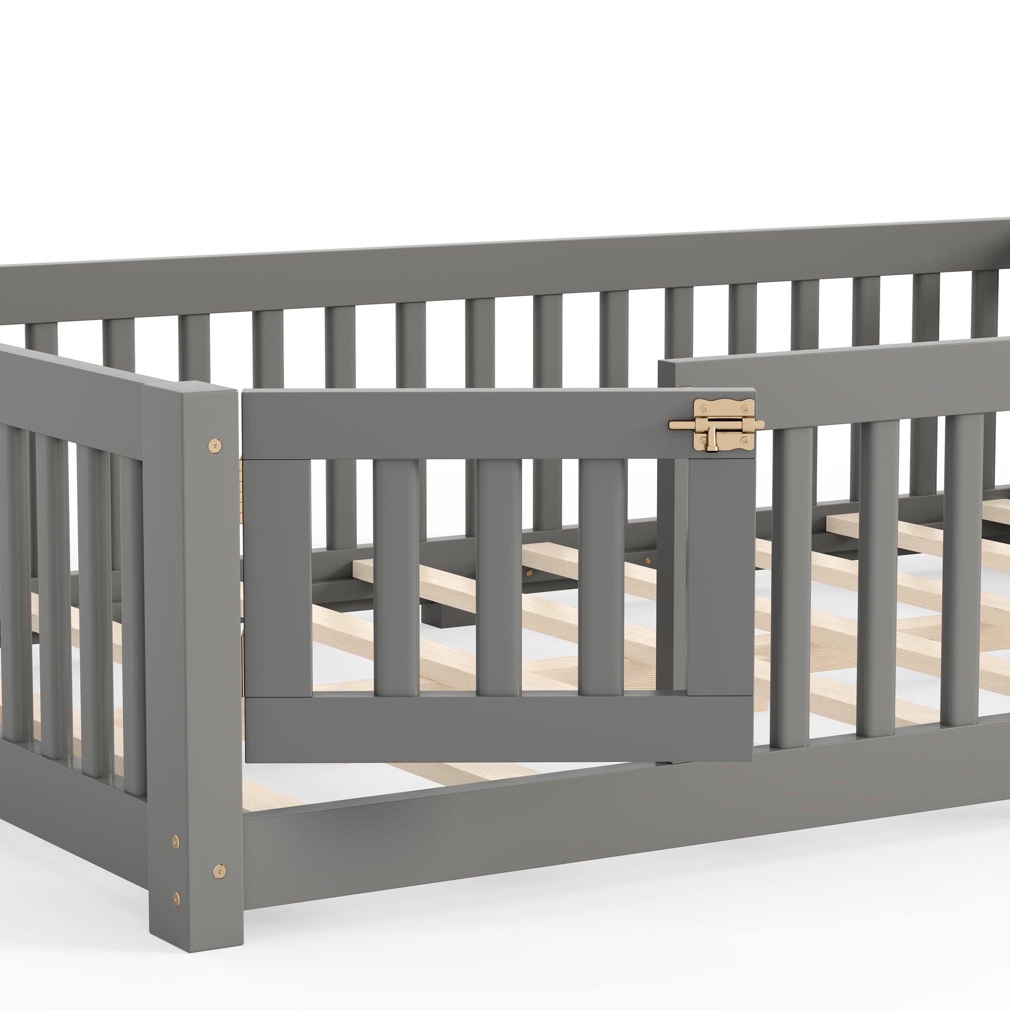 Full Size Bed Floor Bed with Safety Guardrails and Door for Kids, Gray