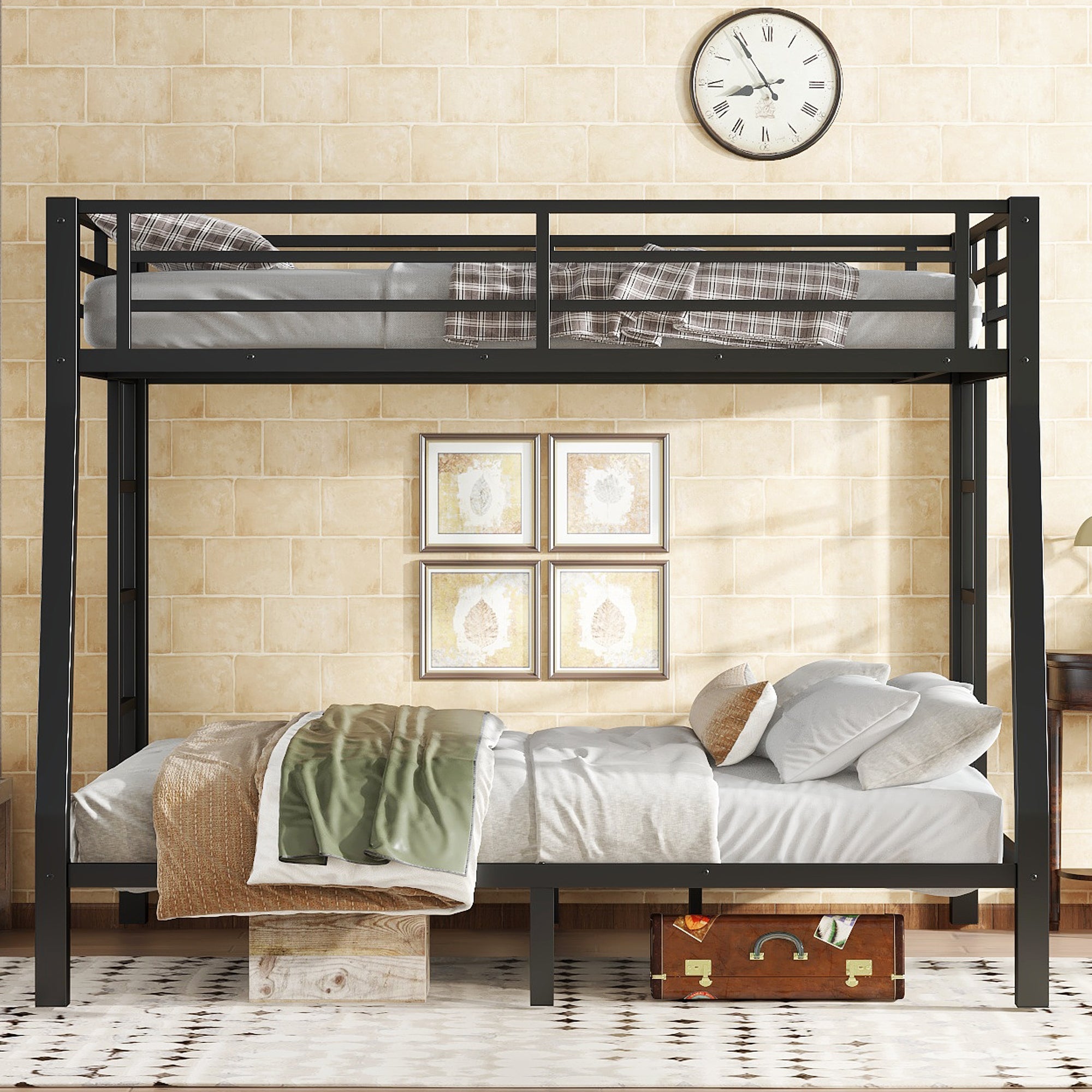 Metal Full XL over Queen Bunk Bed for Teens and Adults,Space Saving Noise Reduced No Box Spring Needed,Black