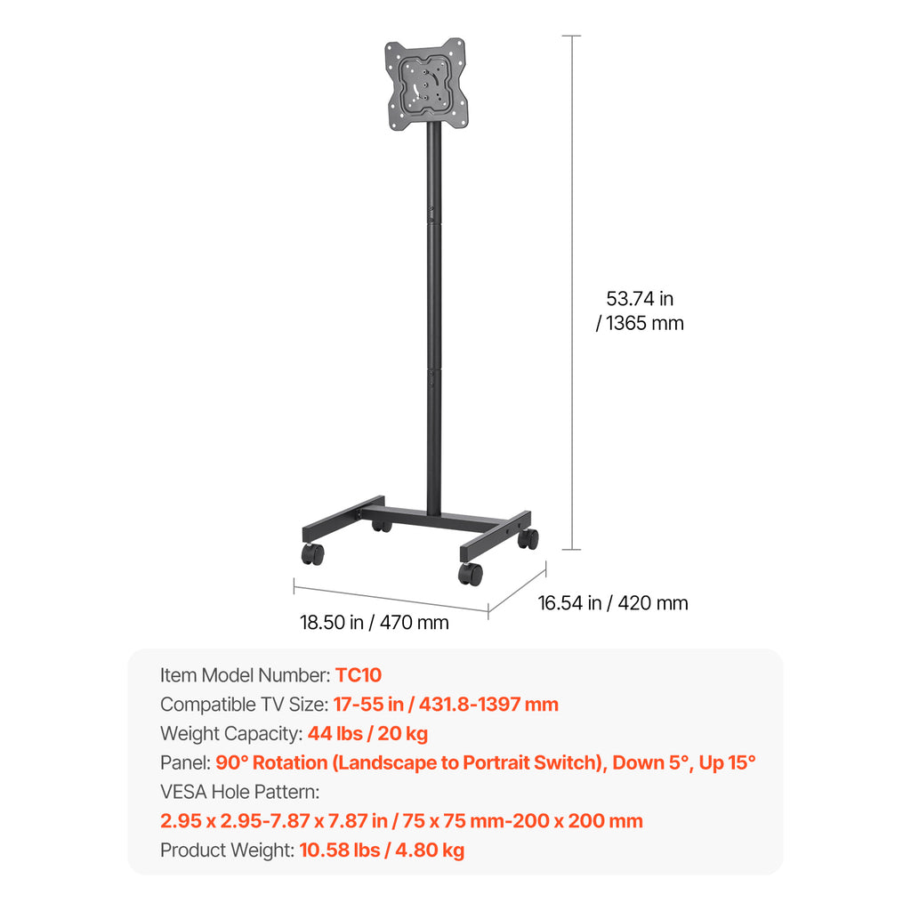 Rolling TV Stand, Mobile TV Cart for 17 55 Inch Screens, Portrait to Landscape, Portable TV Stand with Wheels Holds up to 44 lbs for Living Room, Bedroom, Office, Outdoor, Max VESA 200x200mm
